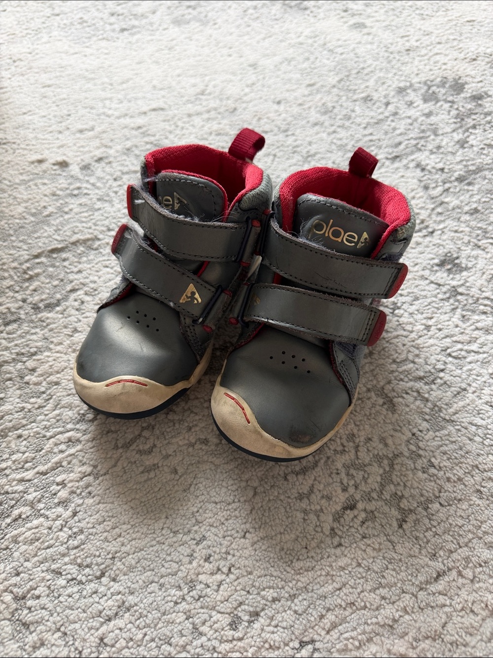 PLAE Gray and Red Kids High-Top Sneakers with Dual Velcro Straps size 8 US